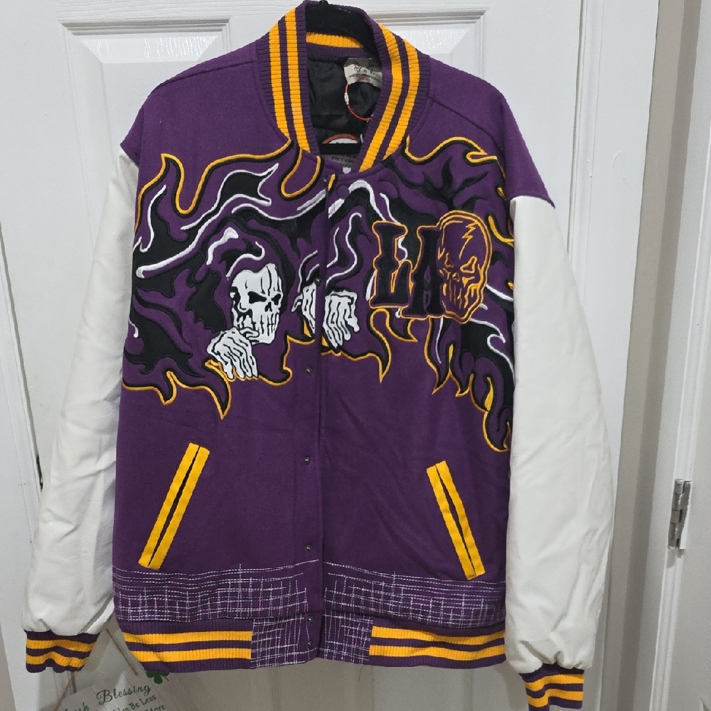 Los Angeles Purple and White Bomber Jacket with Skull Design